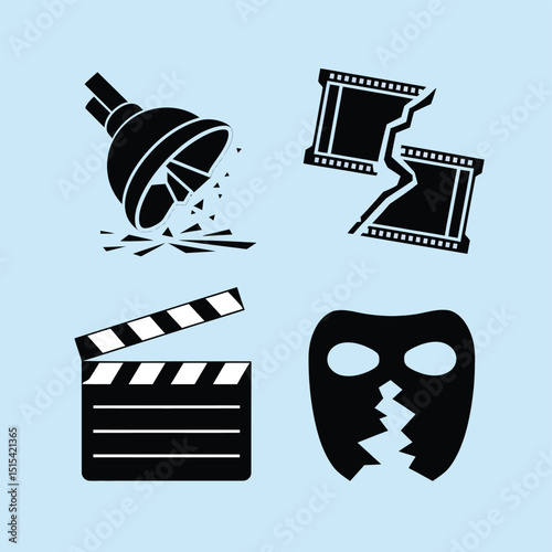vector icons for cinema, Director's Chair , theatrical roles, video tape, cinema shattered spotlight, Theater Ticket
