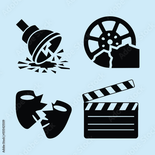 vector icons for cinema, Director's Chair , theatrical roles, video tape, cinema shattered spotlight, Theater Ticket
