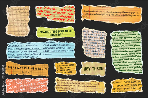 Ripped paper strips with handwritten text. Realistic crumpled paper scraps with torn edges. Shreds of notebook, book or old newspaper pages. Trendy collage elements. Vector illustration