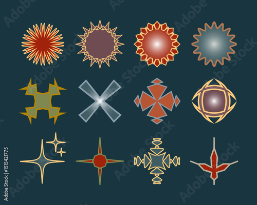 Set of striped geometric shapes, concentric circles, diamonds. Lines Design. Vector illustration. Equal periodic intervals.	