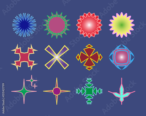 Set of striped geometric shapes, concentric circles, diamonds. Lines Design. Vector illustration. Equal periodic intervals.	