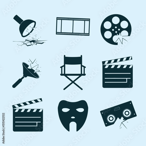 vector icons for cinema, Director's Chair , theatrical roles, video tape, cinema shattered spotlight, Theater Ticket
