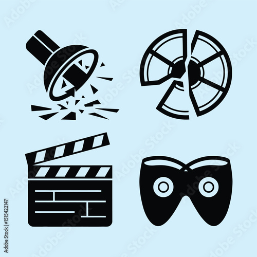vector icons for cinema, Director's Chair , theatrical roles, video tape, cinema shattered spotlight, Theater Ticket
