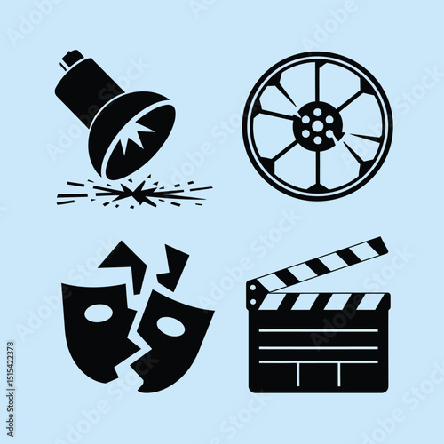 vector icons for cinema, Director's Chair , theatrical roles, video tape, cinema shattered spotlight, Theater Ticket
