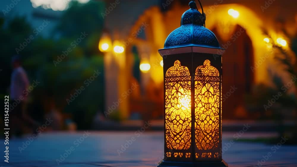 A lantern with a candle inside is lit up in the dark. The lantern is placed on a sidewalk outside of a building