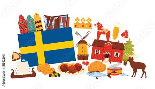 A colorful composition featuring Sweden flag surrounded by cultural icons, traditional food, landmarks, and historic symbols. Highlights the essence of Swedish heritage, vector illustration.