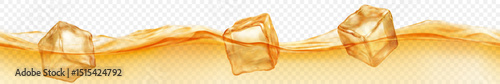 Three translucent ice cubes floating in water with waves, isolated on transparent background. Horizontal banner in yellow colors. Transparency only in vector format.