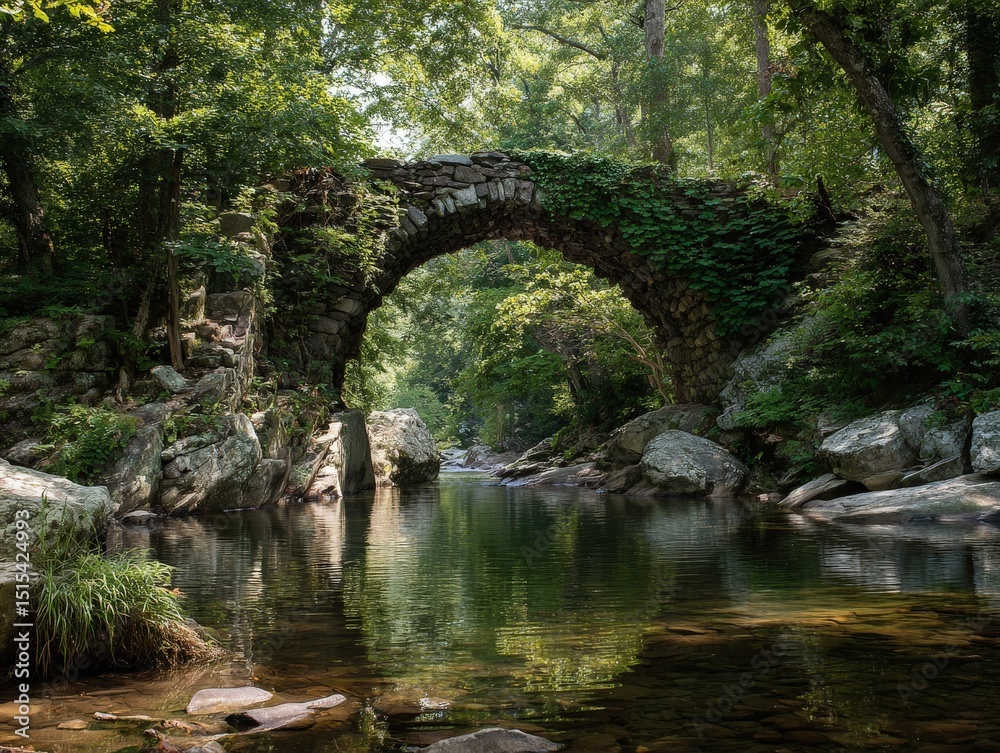 Scenic Stone Bridge Spanning Clear Stream in a Forested Mountain Valley Scenic Stone Bridge Spanning Clear Stream in a Forested Mountain Valley