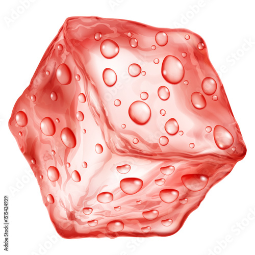 Large realistic translucent ice cube in red colors with water drops on its surface, isolated on a white background. Transparency only in vector format.