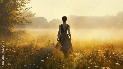 Solitary woman in historical dress stands in misty meadow