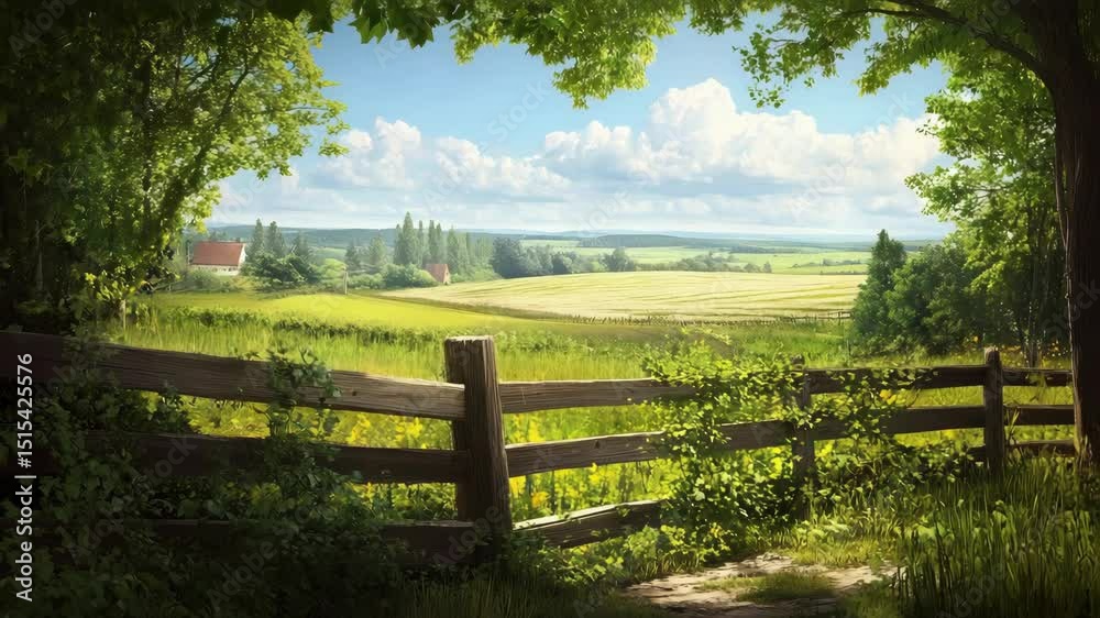 Tranquil countryside scene with rustic wooden fence and lush greenery under blue sky Tranquil countryside scene with rustic wooden fence and lush greenery under blue sky