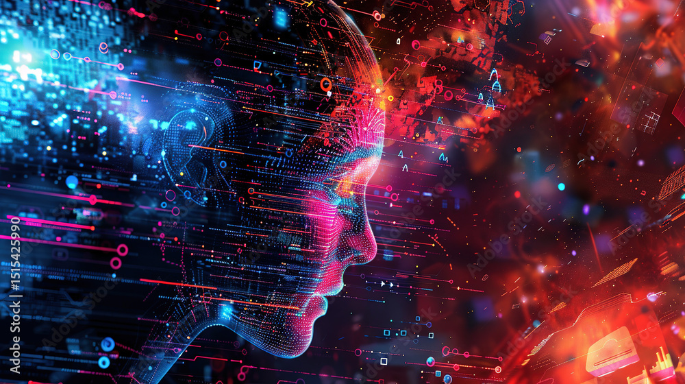Obraz premium Abstract digital background featuring binary code and AI algorithms running in layers, symbolizing data processing, machine learning, and the complexity of artificial intelligence systems