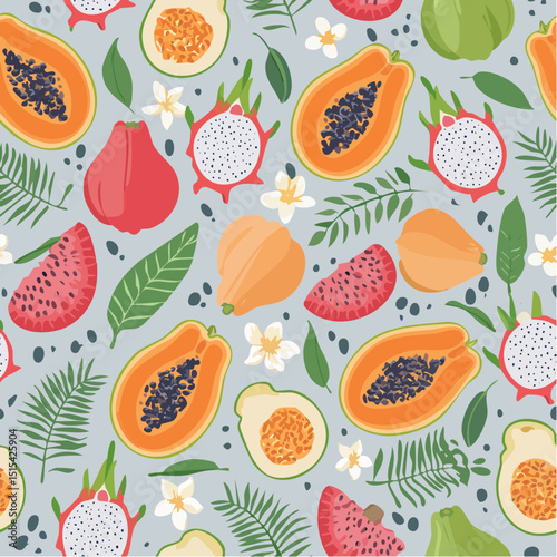 A seamless vector of exotic fruits and leafy greens in a clean, colorful tropical style