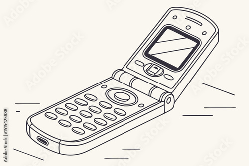 Vintage flip phone design showcasing a classic mobile device with open hinge, keypad, and screen displayed in a vector style illustration