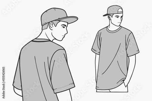 Vector illustration of a casual young man wearing a cap and a t-shirt from the back, showcasing a simple yet stylish design suitable for modern apparel