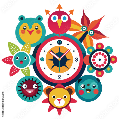 Colorful vector illustration featuring a circular clock design surrounded by playful animal faces and vibrant floral motifs