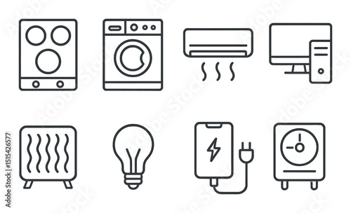 Household power outline icons set – electronic, energy and appliance symbols