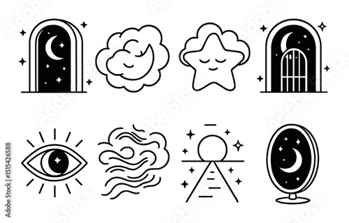 Zodiac dreams silhouette icons set – mystical, celestial and nighttime symbols