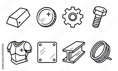 Metal and machinery silhouette icons set – industrial elements, mechanical symbols