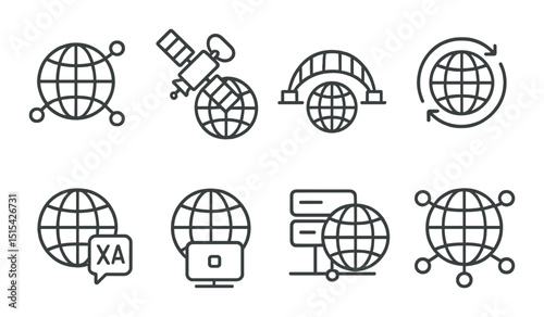 Global networking outline icons set – linear, communication and connection symbols