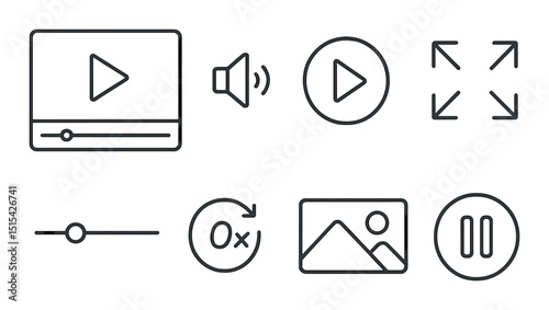 Media interface outline icons set – control, playback, and multimedia symbols