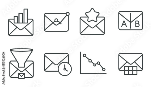 Email analytics outline icons set – communication, data insights, message flow symbols