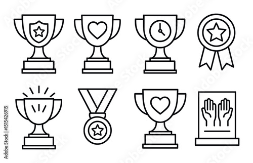 Volunteer service trophies outline icons set – achievement, award, recognition symbols