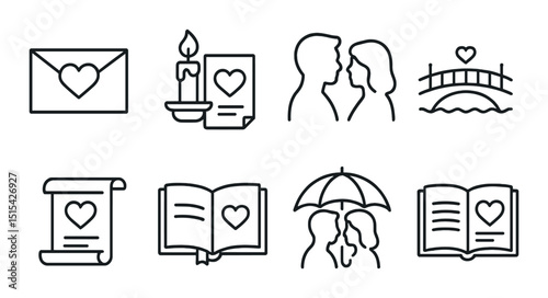 Romantic story outline icons set – love, relationship, and passion symbols collection
