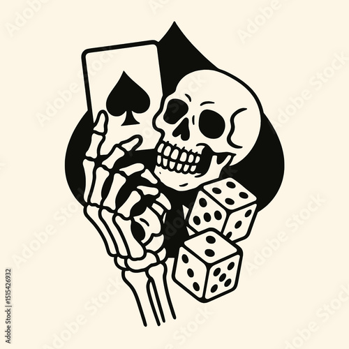 Skeleton Hand Holding Ace Card with Skull and Dice Vector Illustration