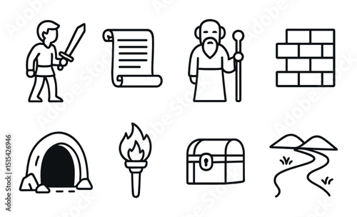 Hero's journey silhouette icons set – outline, adventure and mythical storytelling graphics