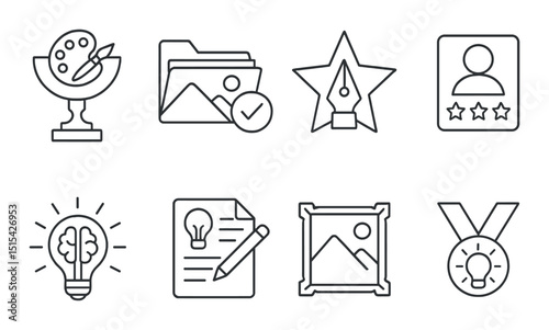 Creative success flat icon set. achievement and inspiration symbols