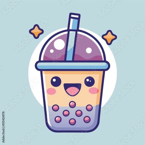 Cute and colorful bubble tea design featuring smiling face and joyful elements, ideal for branding and promotional materials in food and beverage industry