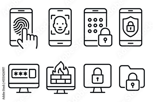 Phone security outline icons set – privacy, protection and safety symbols
