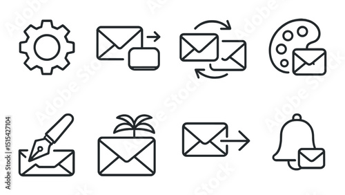 Email settings silhouette icons set – simple, compose and configuration symbols