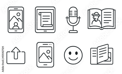 Digital storytelling linear icons set – outline, multimedia and narrative tools symbols