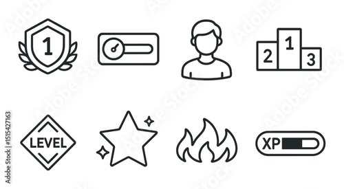 Gaming leaderboard icons set – simple outline, achievement and ranking symbols