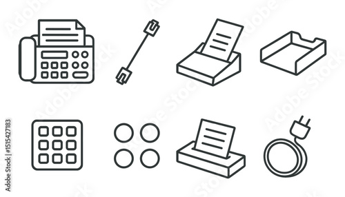 Fax machine essentials icons set – outline, communication and office symbols