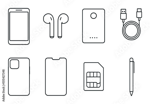 Mobile essentials line icons set – silhouette, technology and gadget symbols