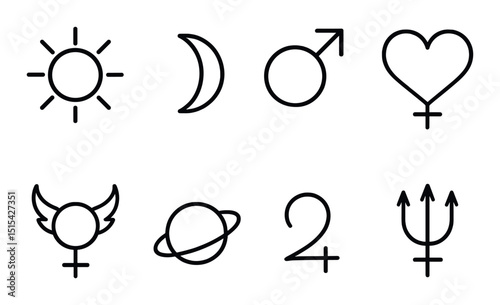 Planetary symbols silhouette icons set – celestial, astrology design features