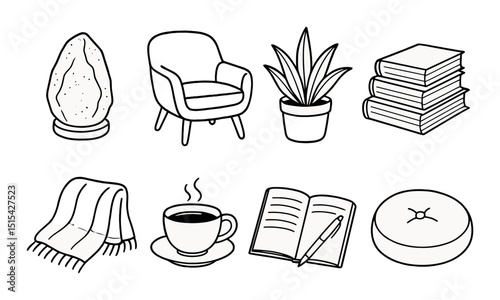 Cozy essentials silhouette icons set – simple, home decor, comfort symbols