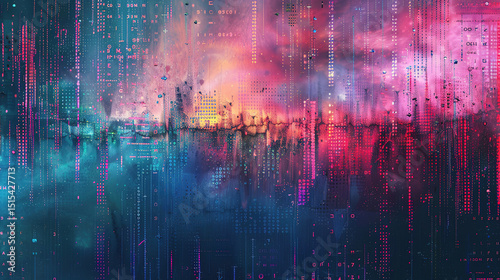 Abstract digital background featuring binary code and AI algorithms running in layers, symbolizing data processing, machine learning, and the complexity of artificial intelligence systems photo