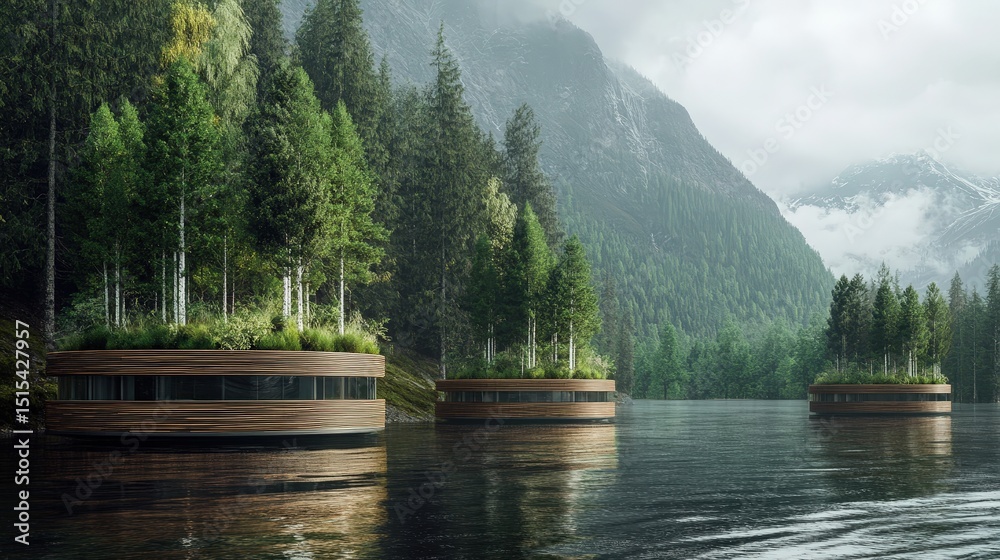 Fototapeta premium Circular floating structures with trees on top sit on a serene lake, surrounded by dense forest and misty mountains.