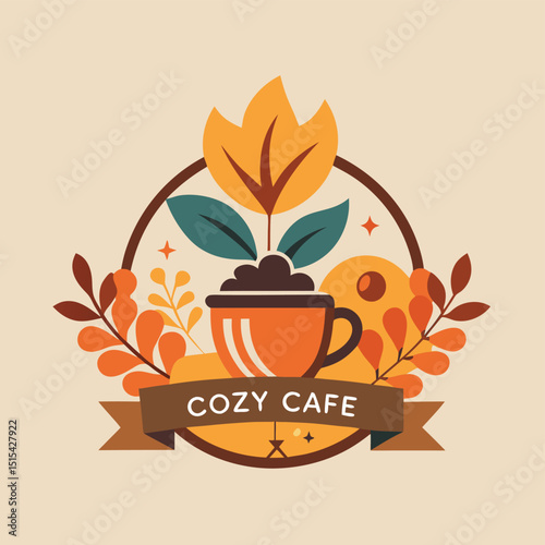 Vector illustration of a cozy cafe logo featuring autumn leaves and warm colors perfect for a seasonal coffee shop or cafe branding design