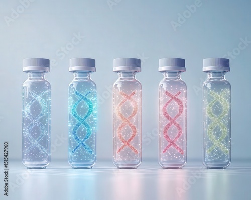 Five glass vials with glowing DNA double helix structures inside, arranged in a row on a bright, clean background.