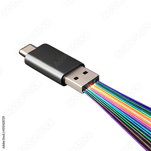 Modern usb c connector with colorful data transmission lines and transparentbackground