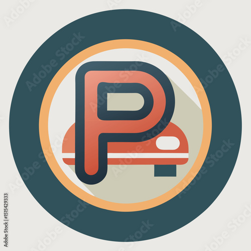 Vector illustration of a parking logo design featuring a stylized car outline and bold lettering set against a circular background