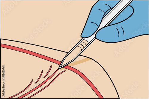 Detailed vector illustration showing a hand using a scalpel to create precise cuts in a shoe upper design during the crafting process for footwear production