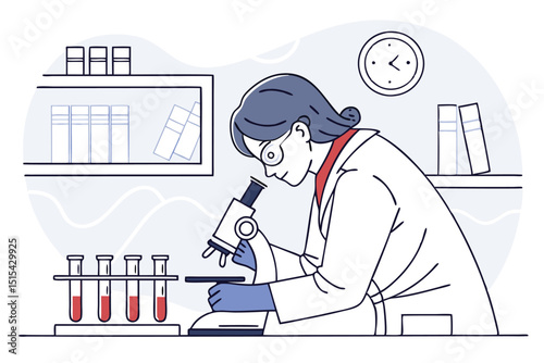 Laboratory scientist engaged in research activities using a microscope to analyze samples while test tubes filled with red liquid are present on the table in a modern lab setting