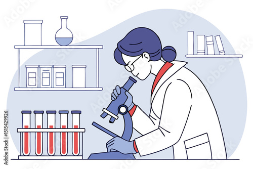 Laboratory scientist engaged in research activities using a microscope to analyze samples while test tubes filled with red liquid are present on the table in a modern lab setting