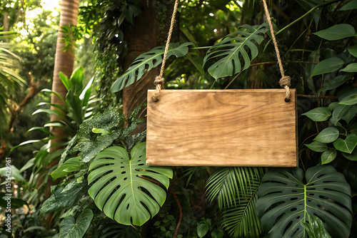 Simple Wooden Plaque with Lush Tropical Greenery and Rope Hanger – Serene Eco-Friendly Decor
